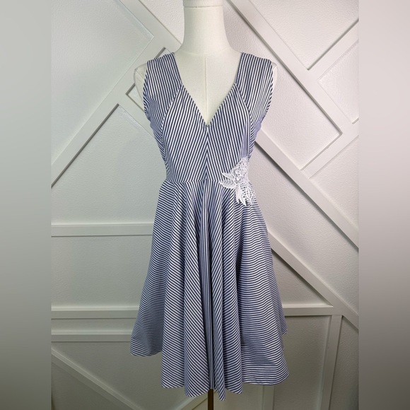 Sandro Paris Blue Striped Cutout Bow Back Dress Size 3 (US 8) Lace Detail - Picture 1 of 16